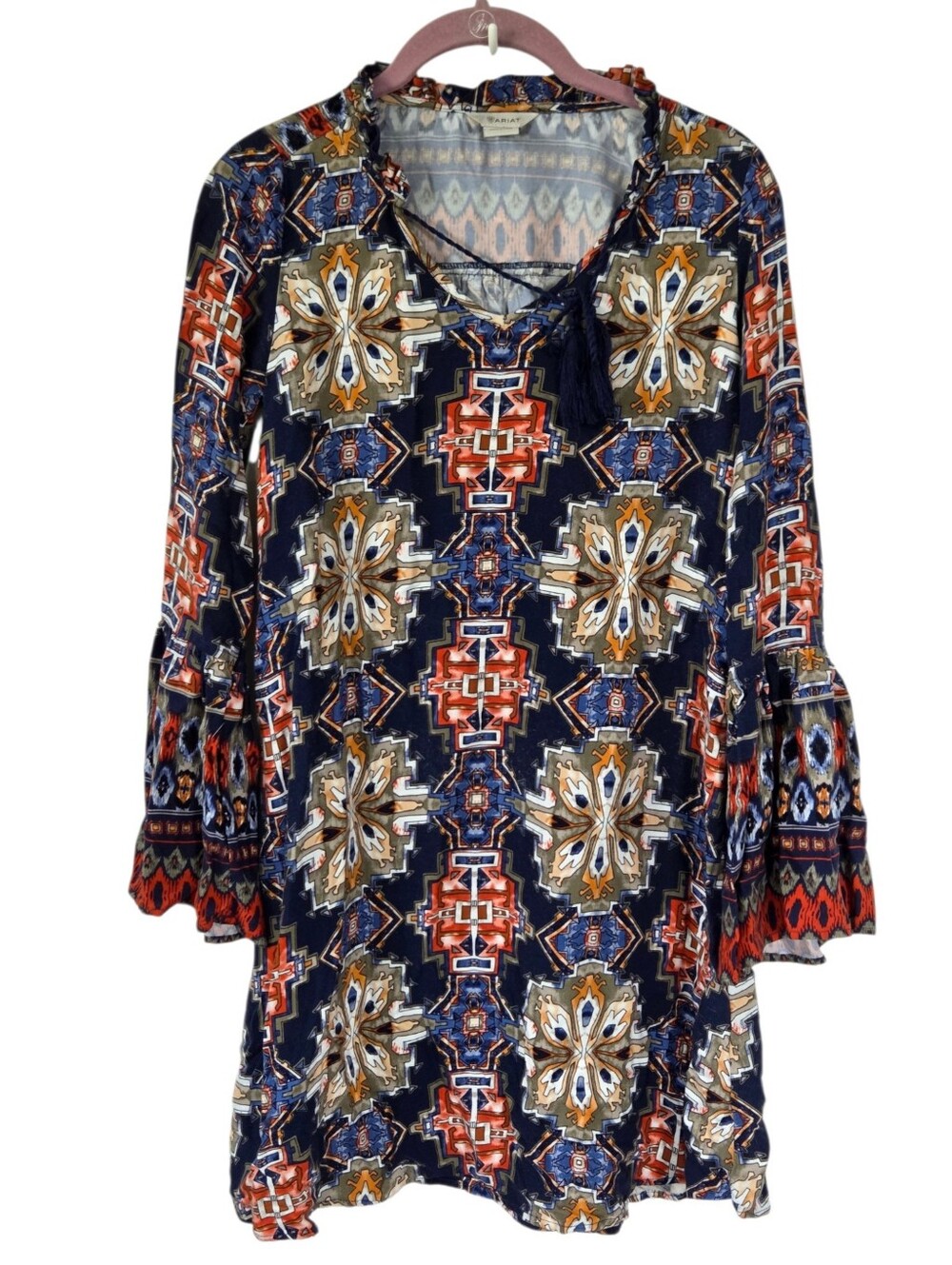 Ariat Alton Dress XS Navy Southwestern Aztec Bell Sleeve Tassel Earthy Boho